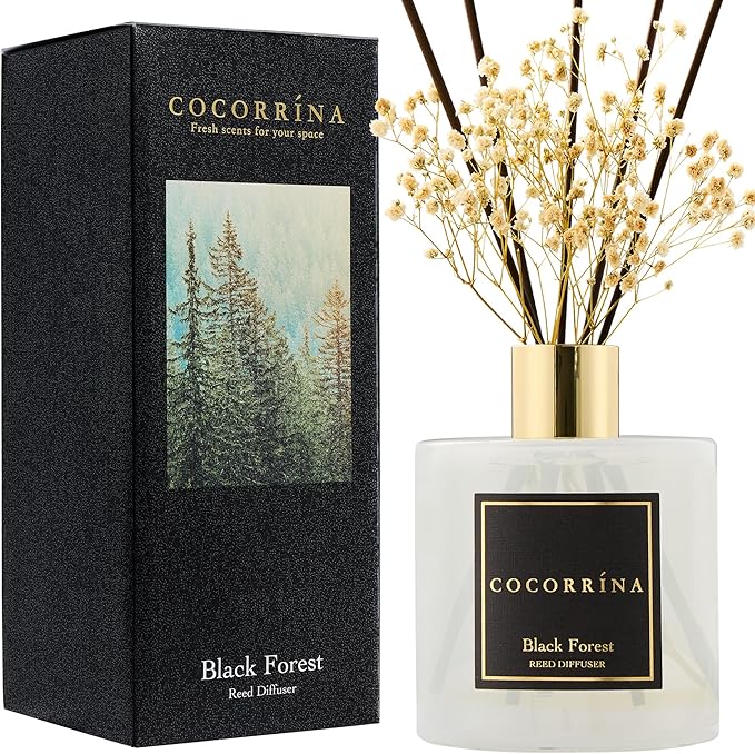 COCORRÍNA Reed Diffuser - Black Forest 17 Fl.oz Reed Diffuser with 8 Sticks Scented Diffuser with Preserved Flowers for Bathroom Home Decor