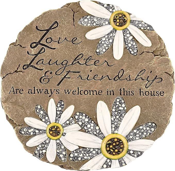Carson Friendship Garden Stone, Garden Decor Stepping Stones with Beadworks Decorative Home Accent, Daisy, Round, 9 x 9.25 inches