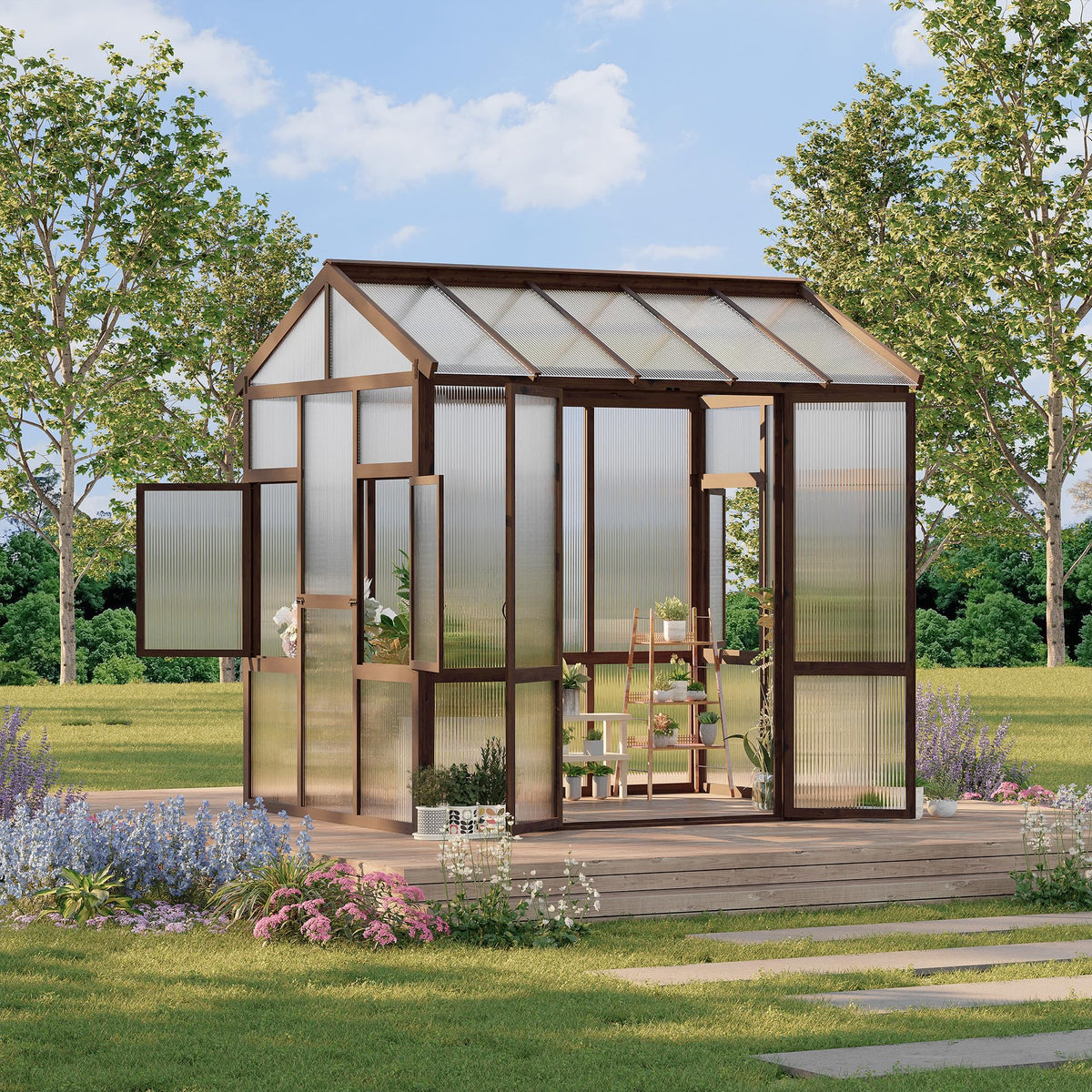 GarveeLife 6x8 ft Wooden Greenhouse for Outdoor - Heavy Duty Walk-in Green House Kit with 6 mm Polycarbonate,Ventilated Window & Lockable Door for Backyard,Patio,Lawn