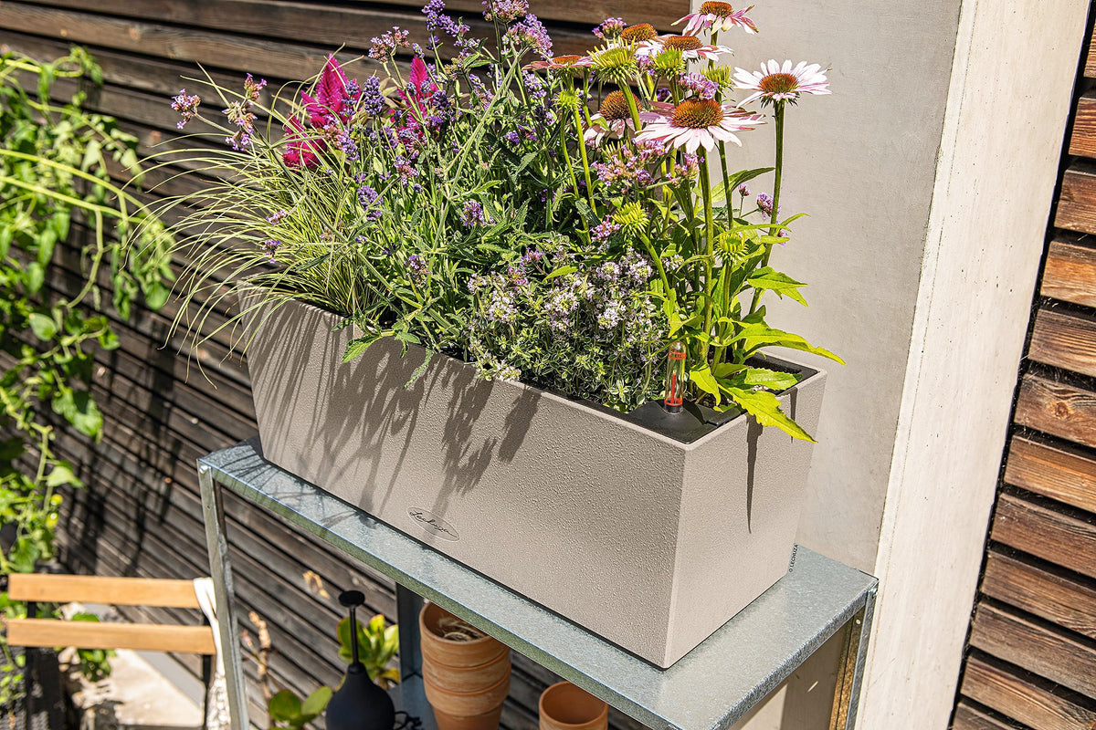 Lechuza BALCONERA Stone 50 Sand Beige, Self-Watering Window Box (Railing Planter), H7.5 L19.7 W7.5 in
