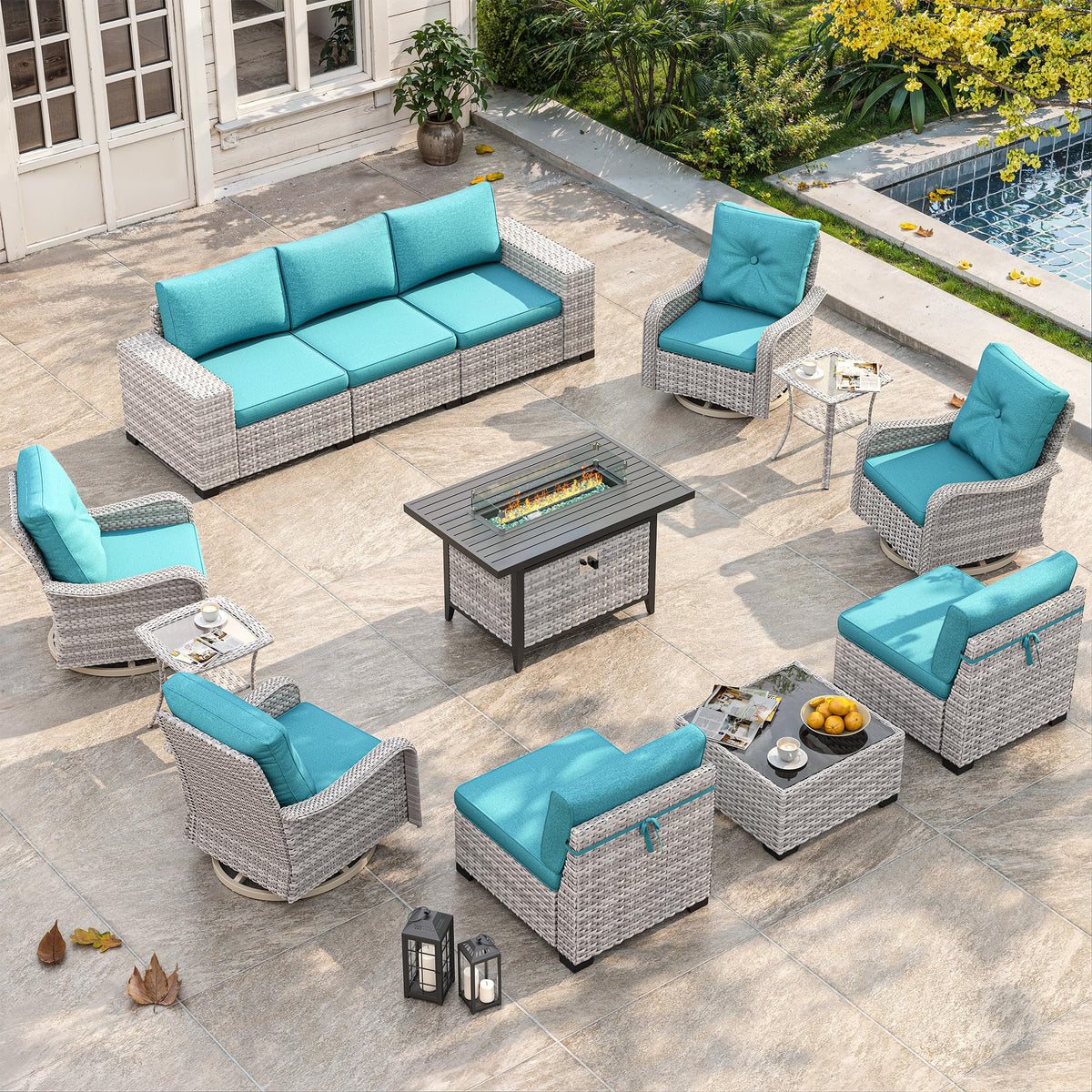 13 Piece Outdoor Wicker Patio Furniture Set with Swivel Chairs & Fire Pit