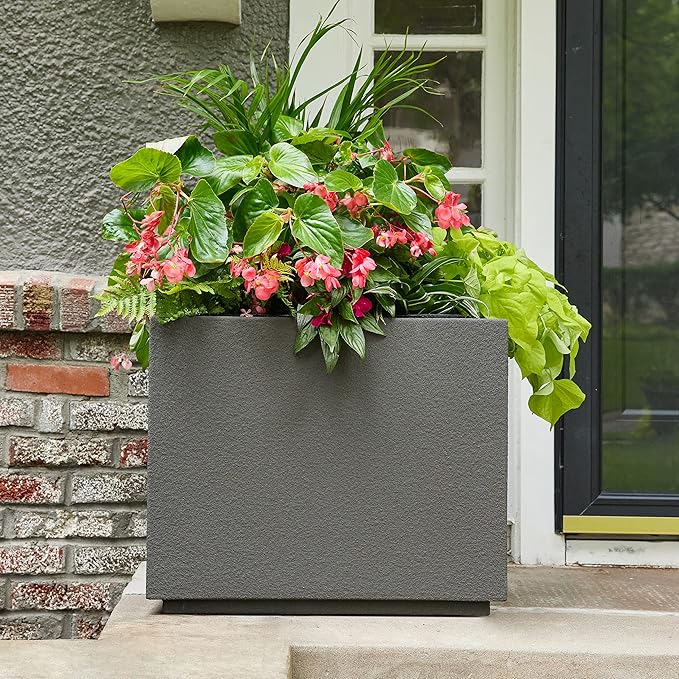 PolyStone Monterray Modern Outdoor/Indoor Square Planter, Lightweight, Heavy Duty, Weather Resistant, Polymer Finish, Commercial Grade and Residential, 23" L x 23" W x 19" H (Slate Gray)