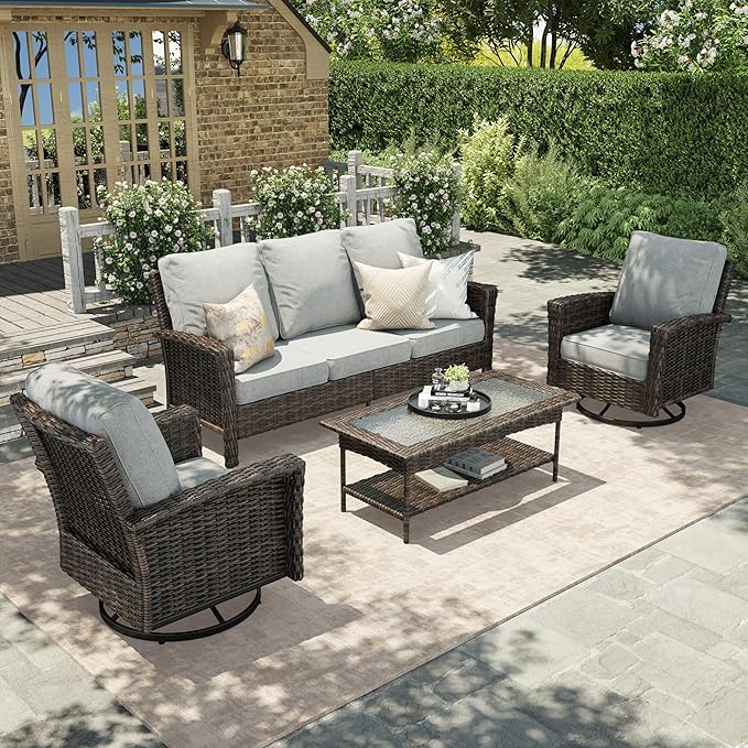 HERA'S HOUSE Gray Patio Furniture Set with High Back Swivel Chairs, Comfy Outdoor Wicker Conversation Sofa Sets with 5.5" Waterproof Cushions for Deck Lawn Backyard