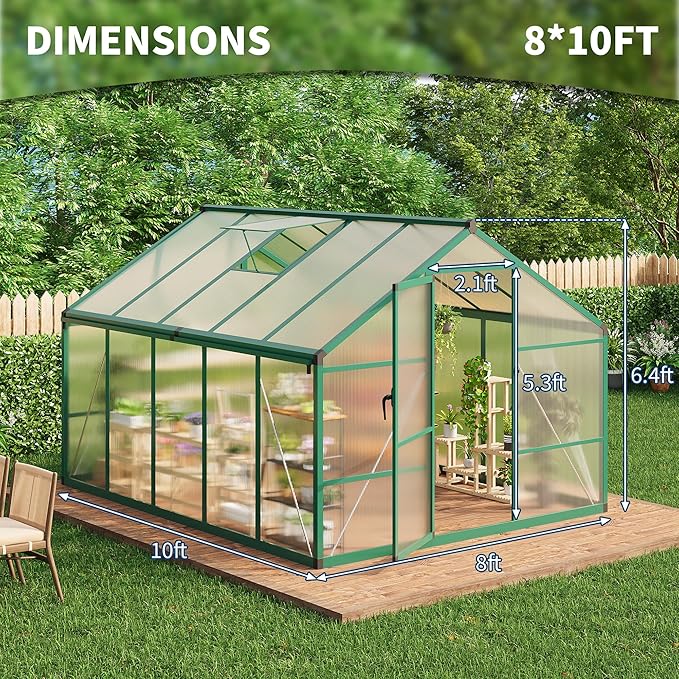 8X10 FT Greenhouse for Outdoors, Large Walk-in Polycarbonate Greenhouse Kit, Aluminum Frame, Lockable Door, Roof Vent, Ground Spikes, for Garden, Patio, Backyard, Outdoor Plant Growth