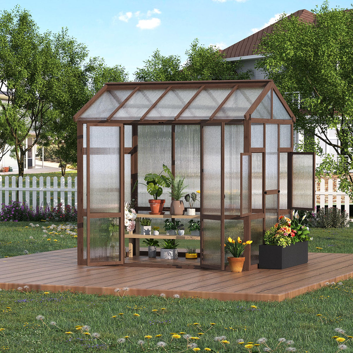 GarveeLife 6x8 ft Wooden Greenhouse for Outdoor - Heavy Duty Walk-in Green House Kit with 6 mm Polycarbonate,Ventilated Window & Lockable Door for Backyard,Patio,Lawn