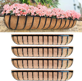 LaLaGreen Wall Hanging Planters (48 Inch, 4 Pack) Long Window Flower Box Planter with Coco Liner, Black Metal Rectangular Outdoor Plants Attach to House Horse Trough Fence Balcony Garden Porch Patio