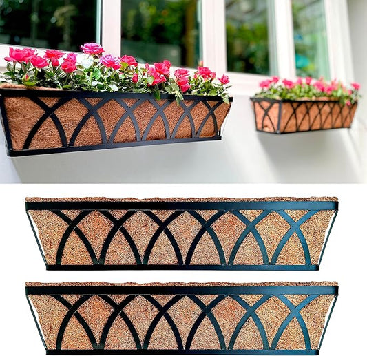 LaLaGreen Wall Hanging Planters (2 Pack, 30 Inch) Balcony Fence Planter with Coco Liner, Metal Window Planter Box Attach House Outdoor Flower Basket Plant Holder Rail Railing Deck Porch Horse Trough