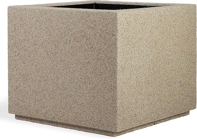 PolyStone Monterray Modern Outdoor/Indoor Square Planter, 23" L x 23" W x 19" H, Lightweight, Heavy Duty, Weather Resistant, Polymer Finish, Commercial Grade and Residential (Sandstone Granite)