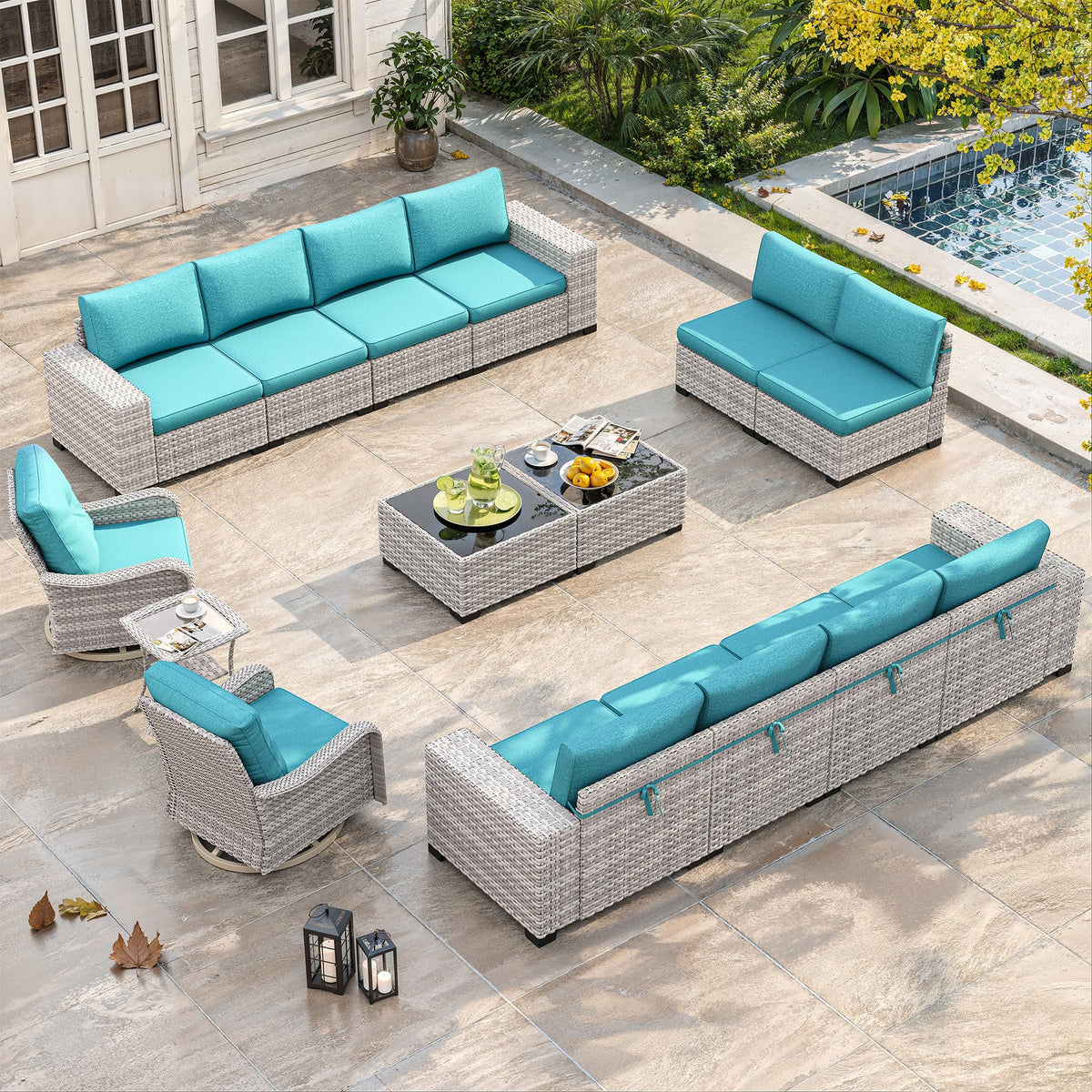 15 Piece Outdoor Wicker Patio Furniture Set with Swivel Chairs
