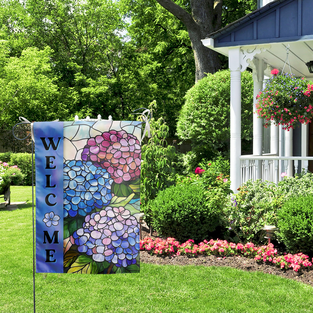 Hydrangea Spring Summer Garden Flag for Outside Stained Glass Flower Yard Decor 12x18 Double Sided Blue Floral Welcome Outdoor Banner