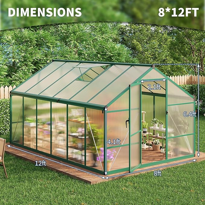 8X12 FT Greenhouse for Outdoors, Large Walk-in Polycarbonate Greenhouse Kit, Aluminum Frame, Lockable Door, Roof Vent, Ground Spikes, for Garden, Patio, Backyard, Outdoor Plant Growth